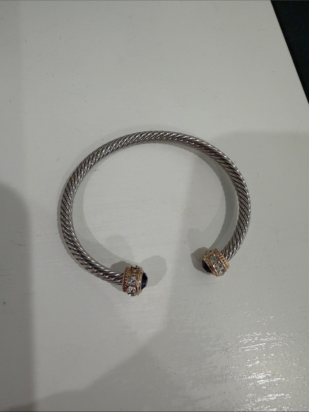 Elegant Silver-Tone Twisted Cable Open Cuff Bracelet with Black Stone Accents